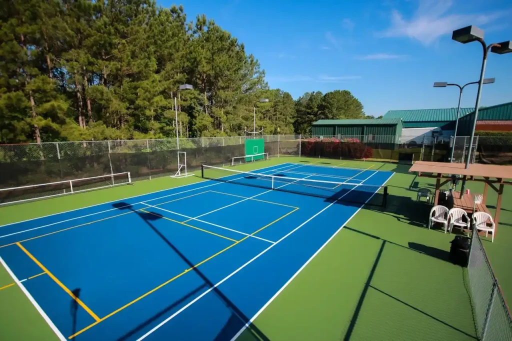 Hybrid court surface combining asphalt and acrylic for high performance across tennis surfaces and other sports.